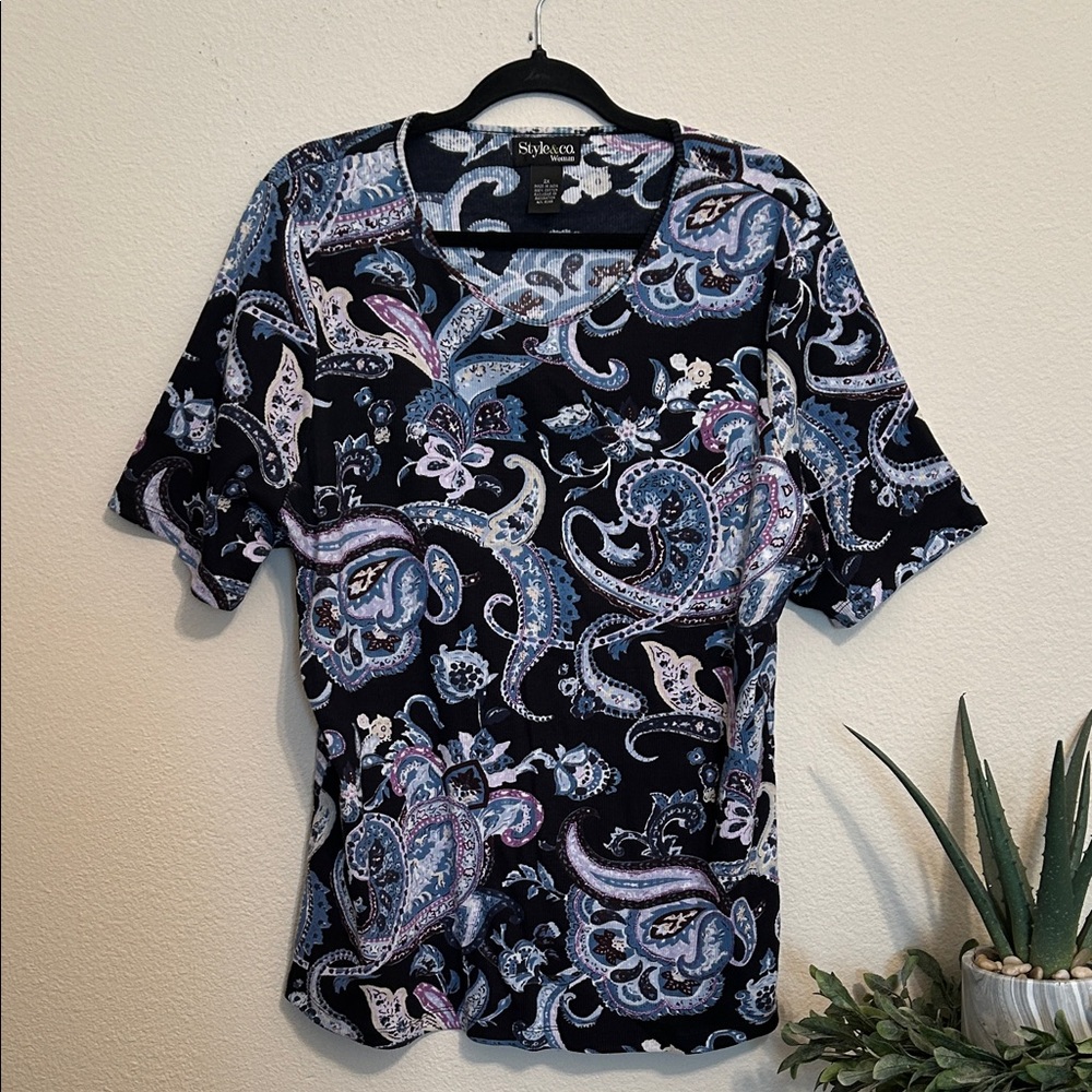 Style & Co. Women's Short Sleeve Paisley Top - Black and Blue